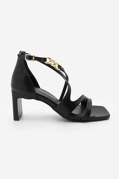 Marjin Women's Gold Chain Blunt Toe Strap Heeled Sandals Nekva Black