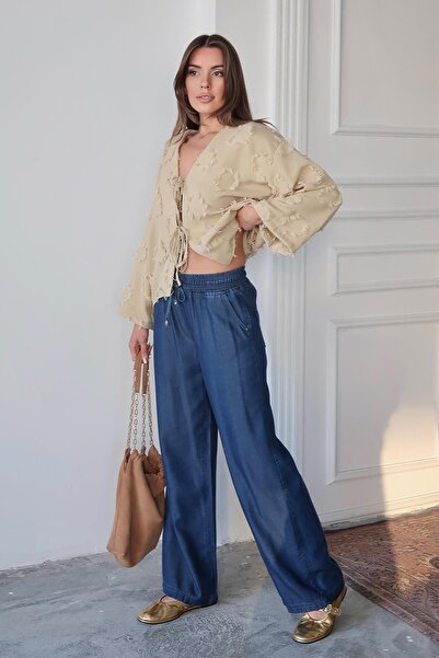 Olcay Beli Bağcıklı Rahat Kesim Liyosel Pantolon KOYU MAVİ 7585