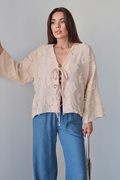 Olcay Lace Closure Tassel Patterned Shirt Beige 9360