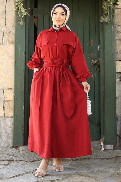 InStyle Double Pocket Balloon Sleeve Red Skirt Suit
