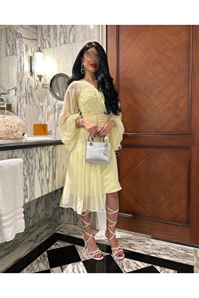 ALANOOD FASHION فستان أصفر ميدي ناعم بأكمام شفافة