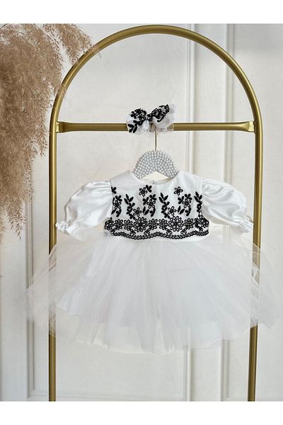 Hobidik Baby Kids Off White Black Scallop Balloon Sleeve Tutu Puffy Dress