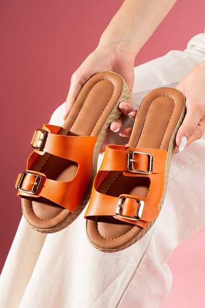 FUGA MODA Dopin Orange Double Buckle Tan Soft Floor Slippers