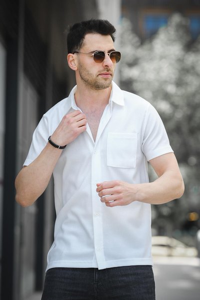 since 1990 man Mantheo Slim Fit Flexible Lycra Short Sleeve Footed Collar Men's Shirt