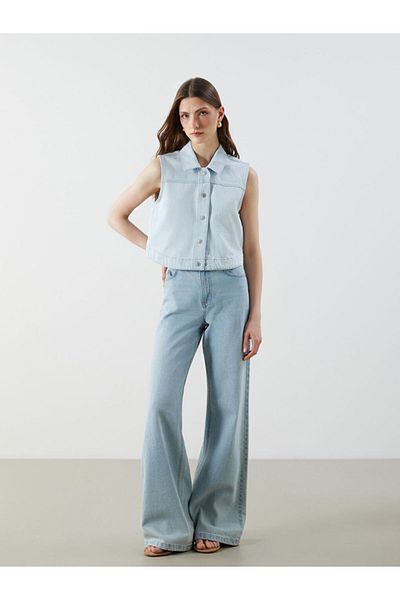 LC Waikiki Vestă de jeans pentru femei cu guler cămașă de sezon nou - S5DN47Z8