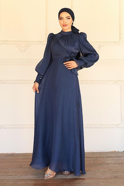 Olcay Yoryo Silk Hijab Evening Dress with Side Tie Cuff Detail K. Indigo 1241