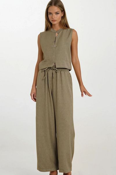 VAGGON Judge Collar Accessory Closure Blouse and Lace-Up Palazzo Pants Set