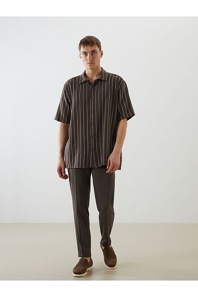 LC Waikiki Ecru Regular Fit Short Sleeve Striped Muslin Men's Shirt