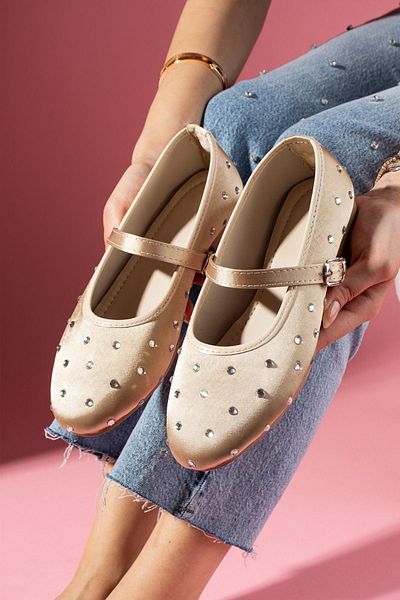 FUGA MODA Blanky Gold Satin Stone Belted Premium Ballerinas
