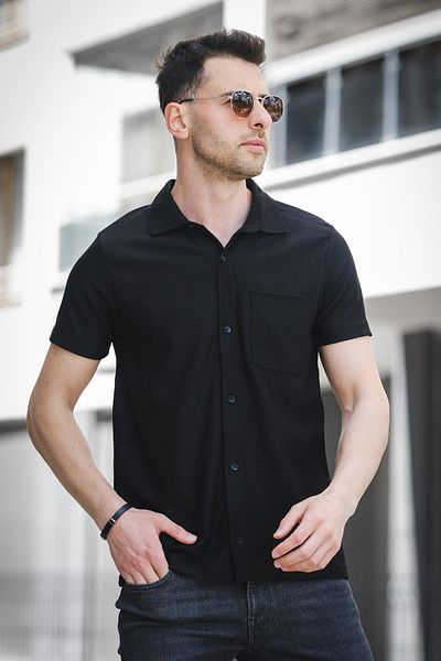 since 1990 man Mantheo Slim Fit Flexible Lycra Short Sleeve Footed Collar Men's Shirt