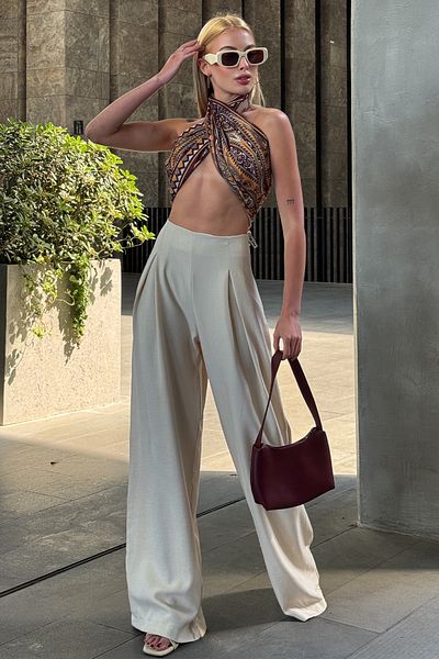 VAGGON Zipper Closure Linen Palazzo Trousers