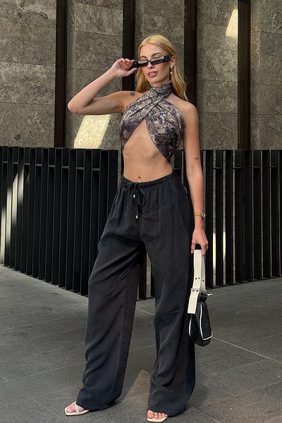 VAGGON Women's Anthracite Elastic Waist Palazzo Linen Trousers V00047-A