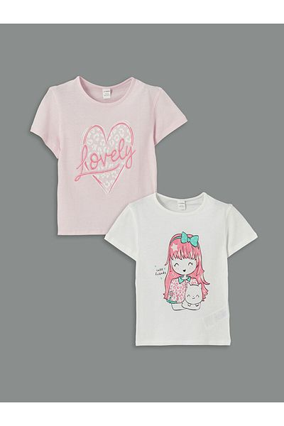 LC Waikiki New Season Crew Neck Printed Girls Tisort 2 τεμαχίων - S5FE09Z1