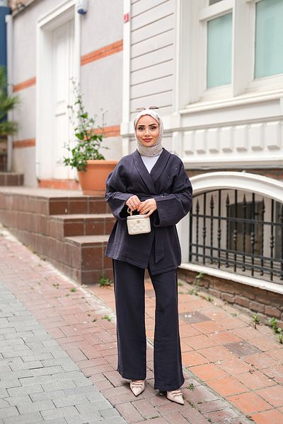 LOCCO Women's Waist Tie Muslin Suit Navy Blue