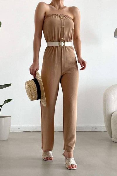 Modafeminen Aerobin Fabric Belt Included Strapless Jumpsuit Mink 582202