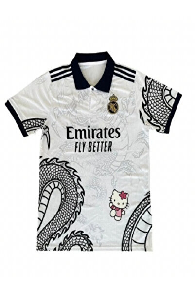 Minga London Beyaz Unisex Kitty Madrid Dragon Jersey Siyah Düğmeli Yaka T-shi...