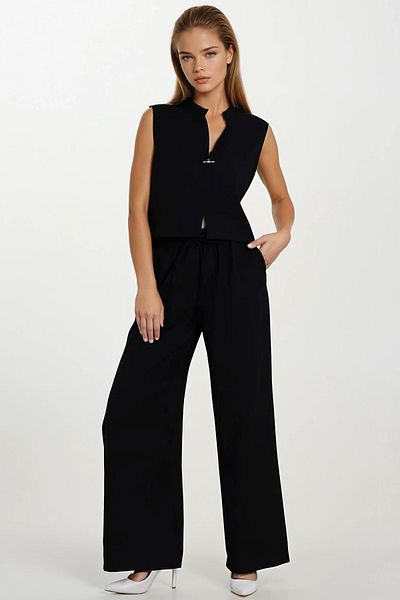 VAGGON Judge Collar Accessory Closure Blouse and Lace-Up Palazzo Pants Set