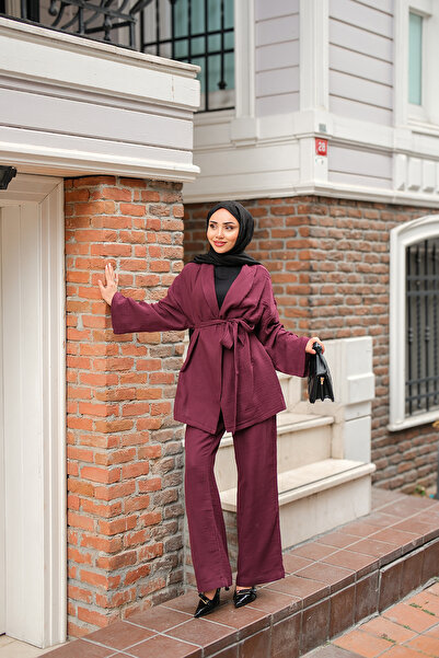 LOCCO Women's Waist Tied Muslin Suit Plum