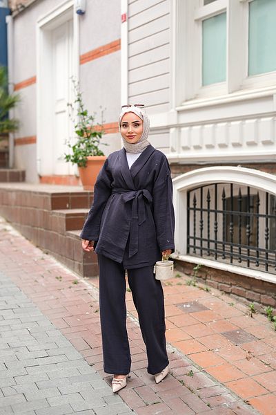 LOCCO Women's Waist Tie Muslin Suit Navy Blue
