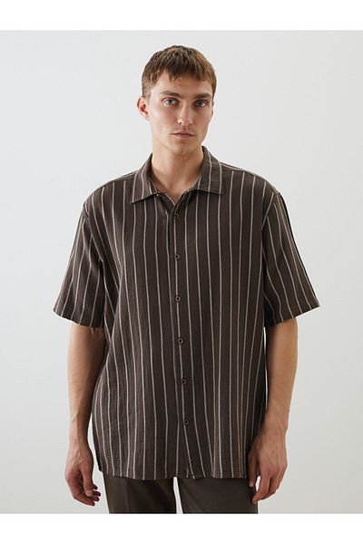 LC Waikiki Ecru Regular Fit Short Sleeve Striped Muslin Men's Shirt