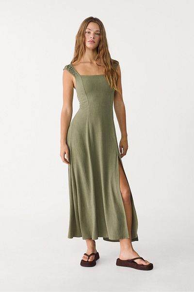 Stradivarius Flowing linen blend maxi dress with crossed back