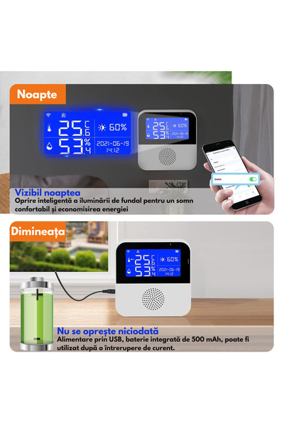 VisionHub Senzor Temperatura, Umiditate WiFi Inteligent, Termometru Monitorizare prin Aplicatie, Sonda Externa