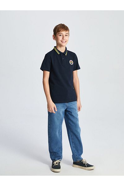 LC Waikiki Navy Blue Polo Collar Embroidered Boy's T-Shirt