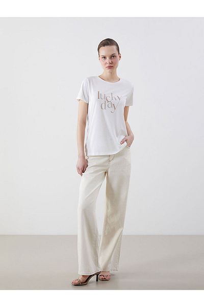 LC Waikiki Ecru Crew Neck Printed Women's T-Shirt