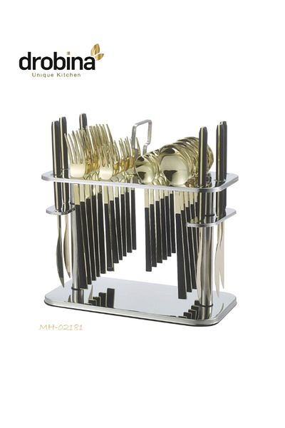 drobina Dropina 30-Piece Stainless Steel Spoon Set with Stand, Black Gold