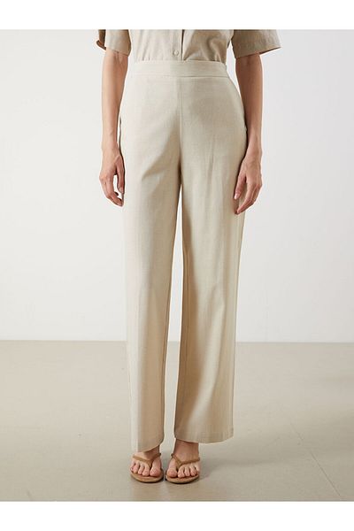 LC Waikiki Beige Elastic Waist Linen Blend Women's Trousers
