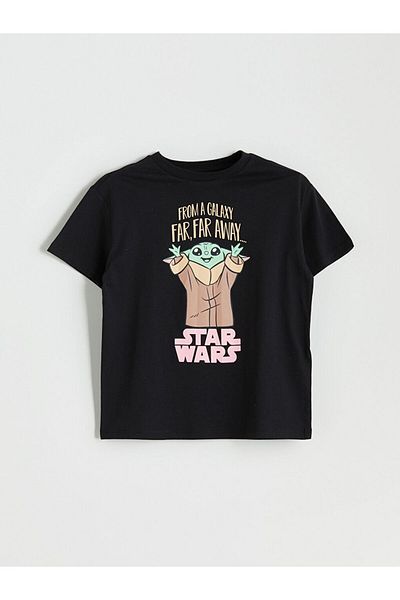 LC Waikiki Black Crew Neck Star Wars Printed Girl's T-Shirt