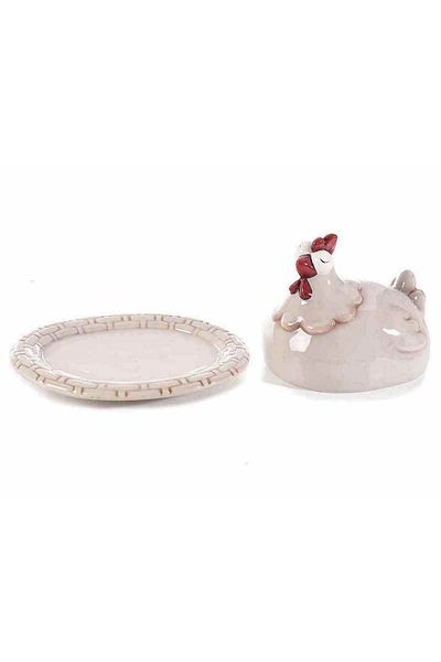 Decorer Platou din ceramica bej cu capac model Gaina 19x16x13 cm