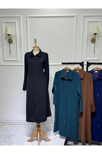 ModaMinar Women's Plus Size Thin Crepe Fabric Snap Fastener Long Shirt Collar Tunic