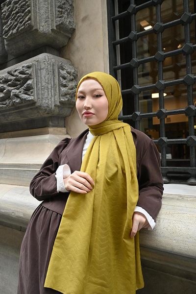 Pull Scarfs Olive Green - Zigzag Pattern Bamboo Jacquard