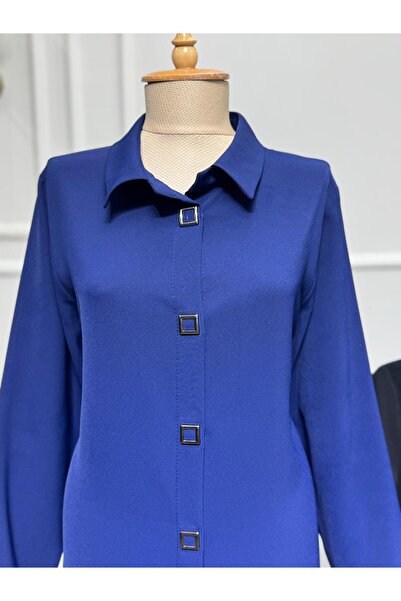 ModaMinar Women's Plus Size Thin Crepe Fabric Snap Fastener Long Shirt Collar Tunic