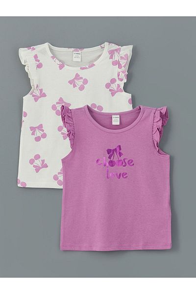 LC Waikiki New Season Crew Neck Cherry Printed Girls Undershirt 2-Piece - S5Fe14Z1