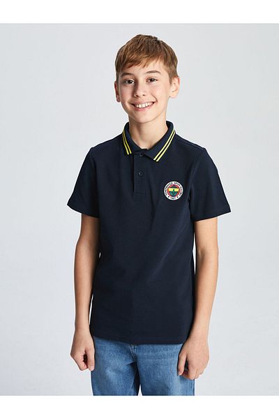 LC Waikiki Navy Blue Polo Collar Embroidered Boy's T-Shirt