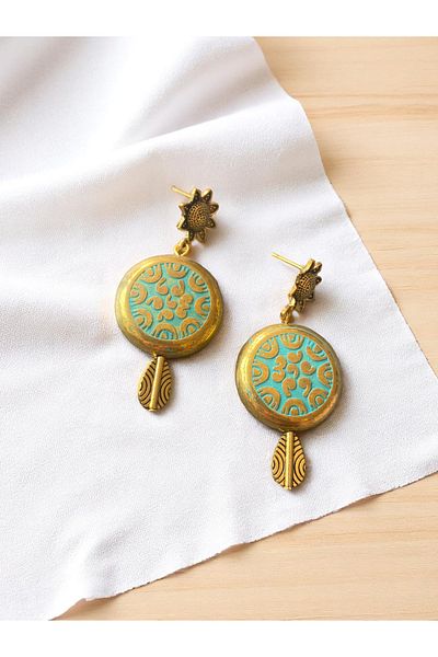 dela otantik Handmade Vintage Motif Ethnic Round Earrings – Turquoise & Gold Color Authentic Bohemian Bijoux Jewelry