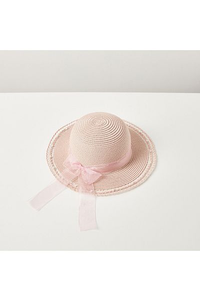 Juniors Weave Textured Hat with Ribbon Detail
