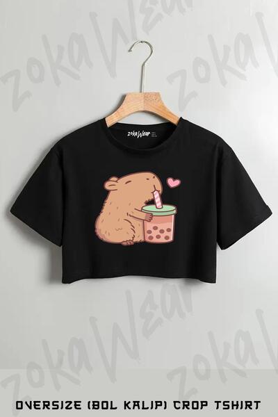 ZOKAWEAR Tricou oversize cu imprimeu Cute Capybara Loves Bubble Tea