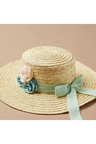 Juniors Weave Textured Hat with Floral Applique and Bow Detail