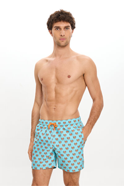 TOOSALTY ERKEK Yengeç Desenli Deniz Şortu Cepli Fileli Astarlı Hızlı Kuruyan Su İtici Orta Boy 25SM102ST