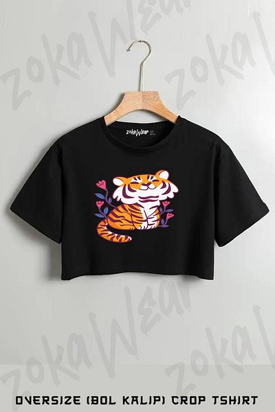 ZOKAWEAR Flower Tiger Printed Oversize Crop T-Shirt