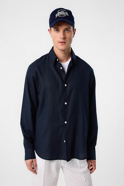 Antioch Navy Blue Relax Fit Linen Blend Men's Shirt