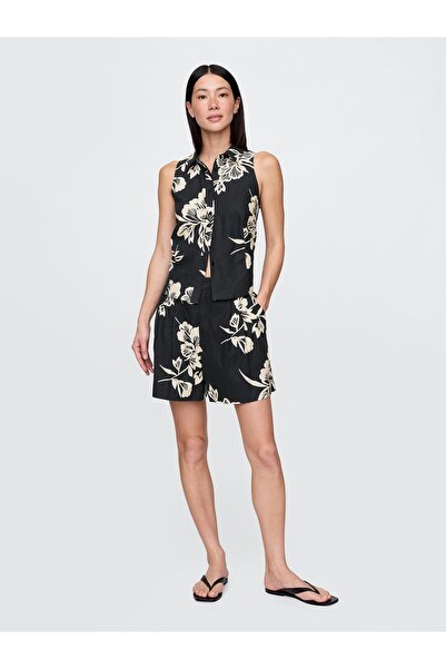 GAP Kadın Siyah Baskılı High Rise Keten Karışımlı Şort