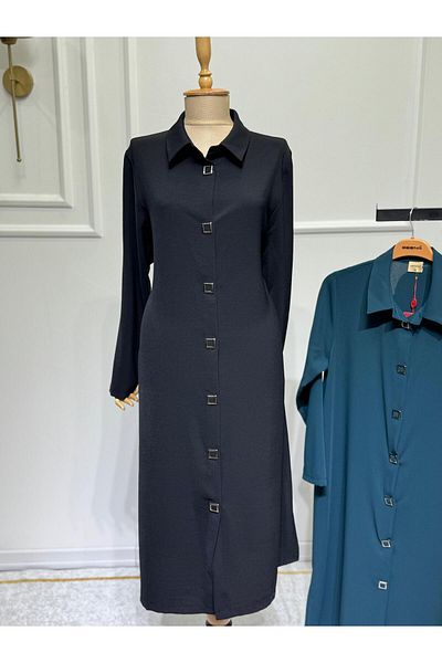 ModaMinar Women's Plus Size Thin Crepe Fabric Snap Fastener Long Shirt Collar Tunic