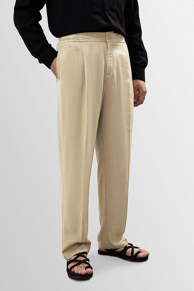 Antioch Stone High Waist Pleated Linen Blend Men's Trousers
