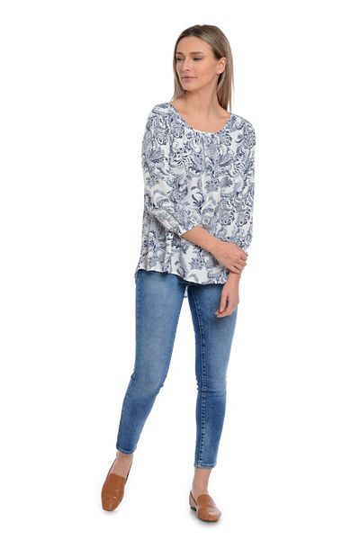 Eranthe Women's Blouse, White Navy Blue Loose with Pattern
