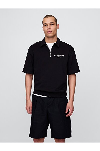 GAP Erkek Siyah VintageSoft Spor Çeyrek Fermuarlı Pullover Sweatshirt