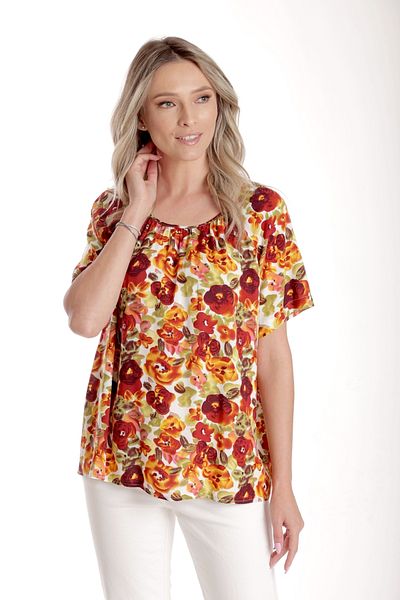 Eranthe Women's Blouse, Loose with Floral Print - Pansies